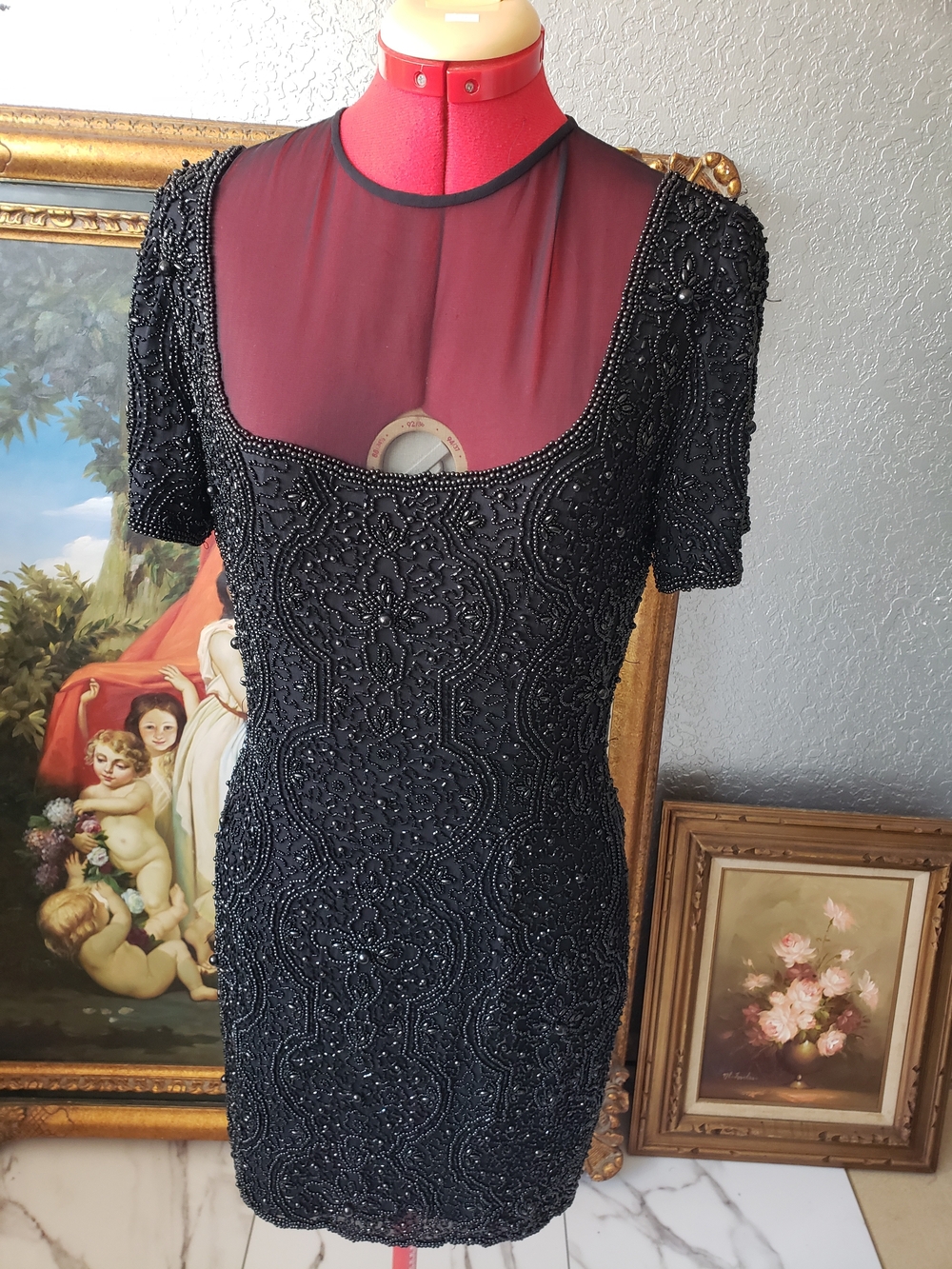 Oleg Cassini Black Heavily Beaded Sheer-Yoke Mini Dress